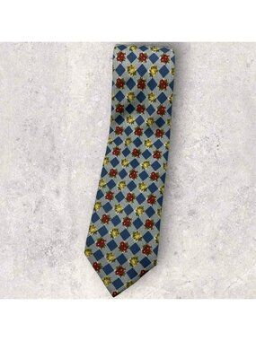 BORBONESE Silk Tie ITALY Blue Gray Tartan Floral W:3.8" EUC